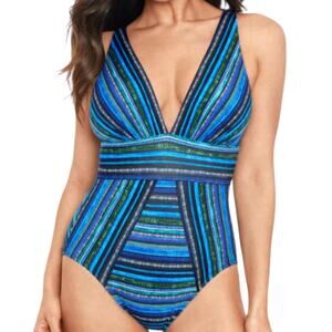 NWT Miraclesuit Veranda Odyssey One Piece Swimsuit V-Neckline Blue Green US 14